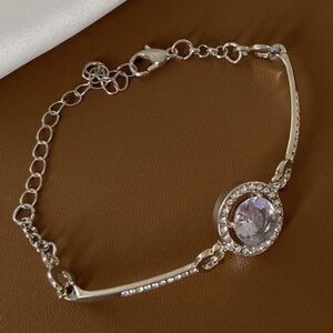 Silver Metal Geometric Rhinestone Gem Bracelet